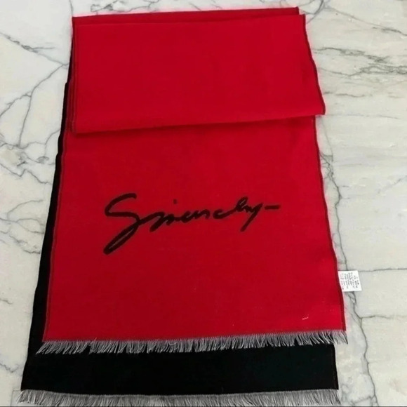 Givenchy Red Black Wool Unisex Winter Warm Scarf Wrap Shawl B270 - Picture 2 of 3
